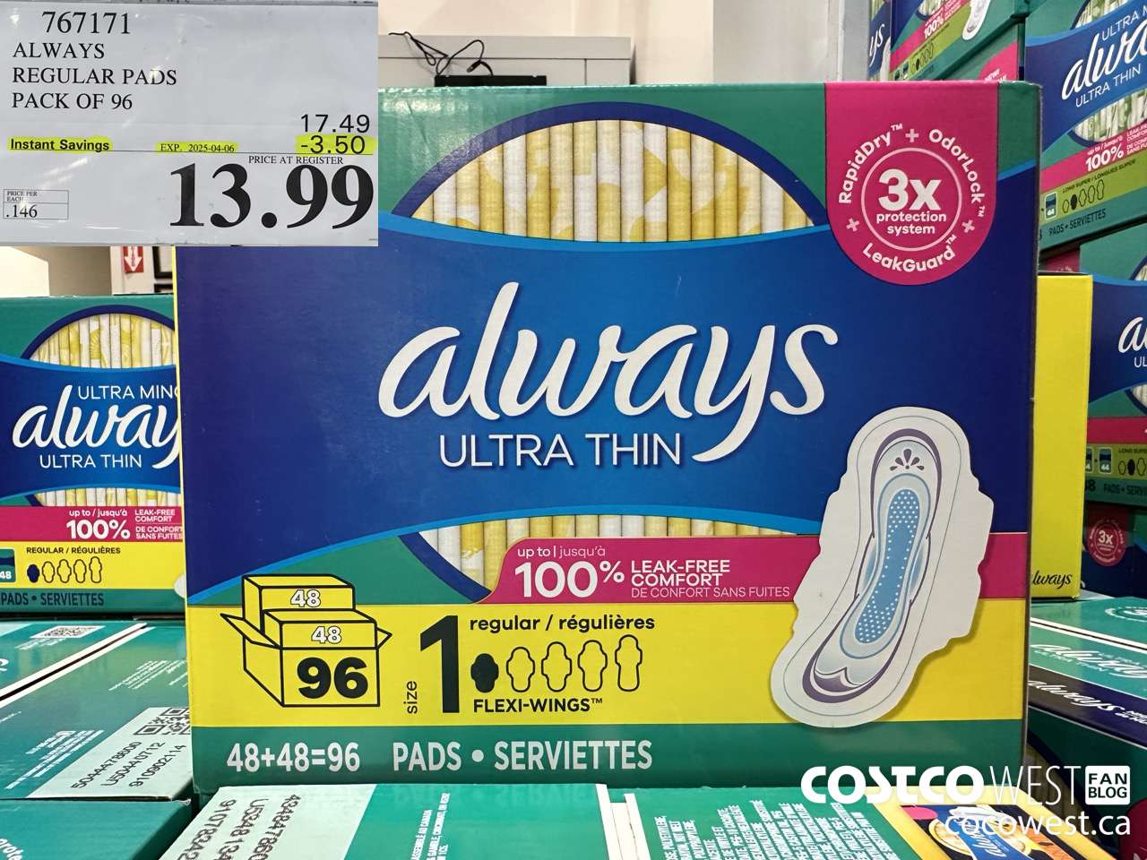 767171 ALWAYS ULTRA THIN PADS REGULAR 96CT ($3.50 INSTANT SAVINGS EXPIRES ON 2025-04-06) $13.99