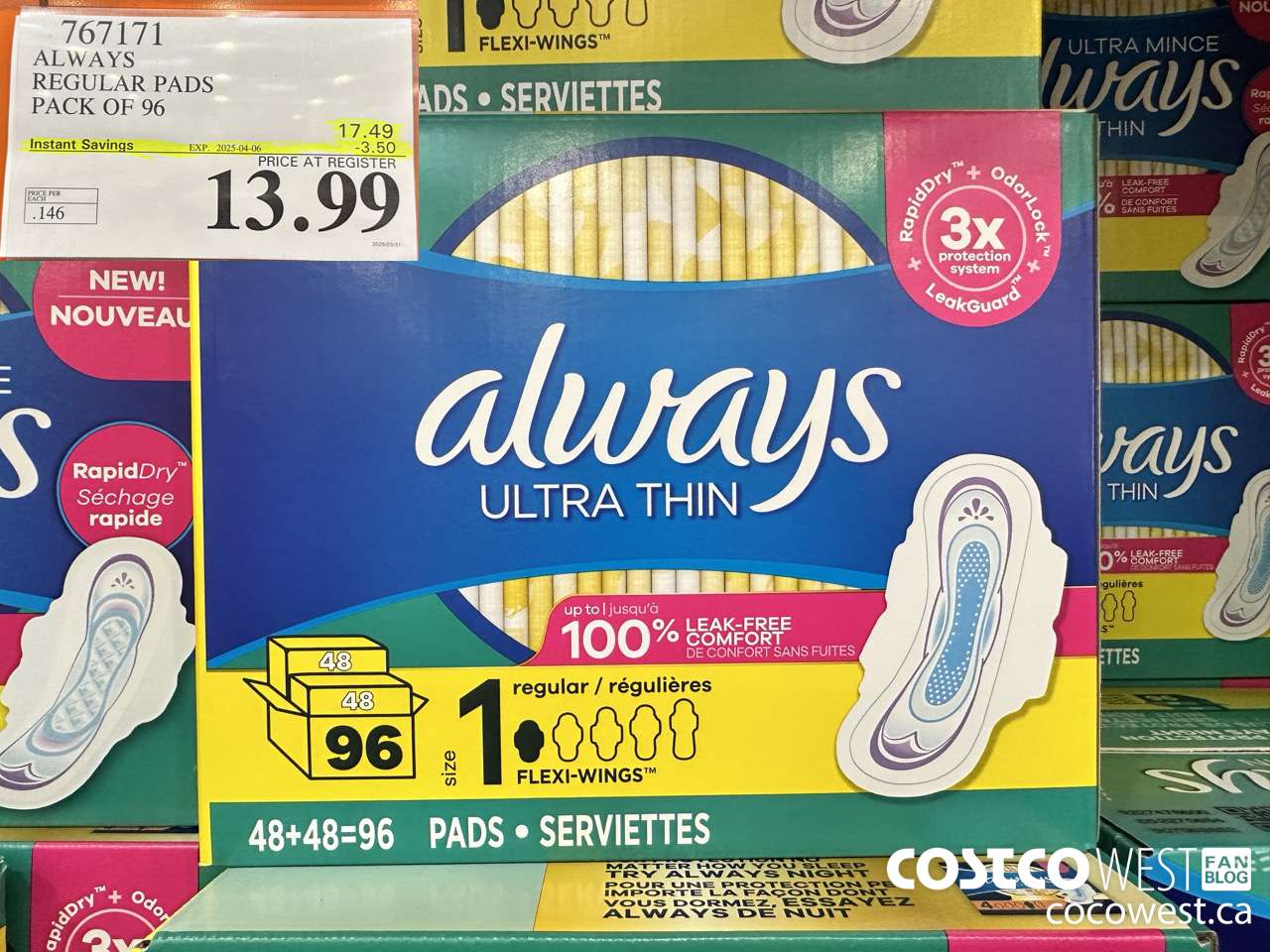 767171 ALWAYS ULTRA THIN PADS REGULAR 96CT ($3.50 INSTANT SAVINGS EXPIRES ON 2025-04-06) $13.99