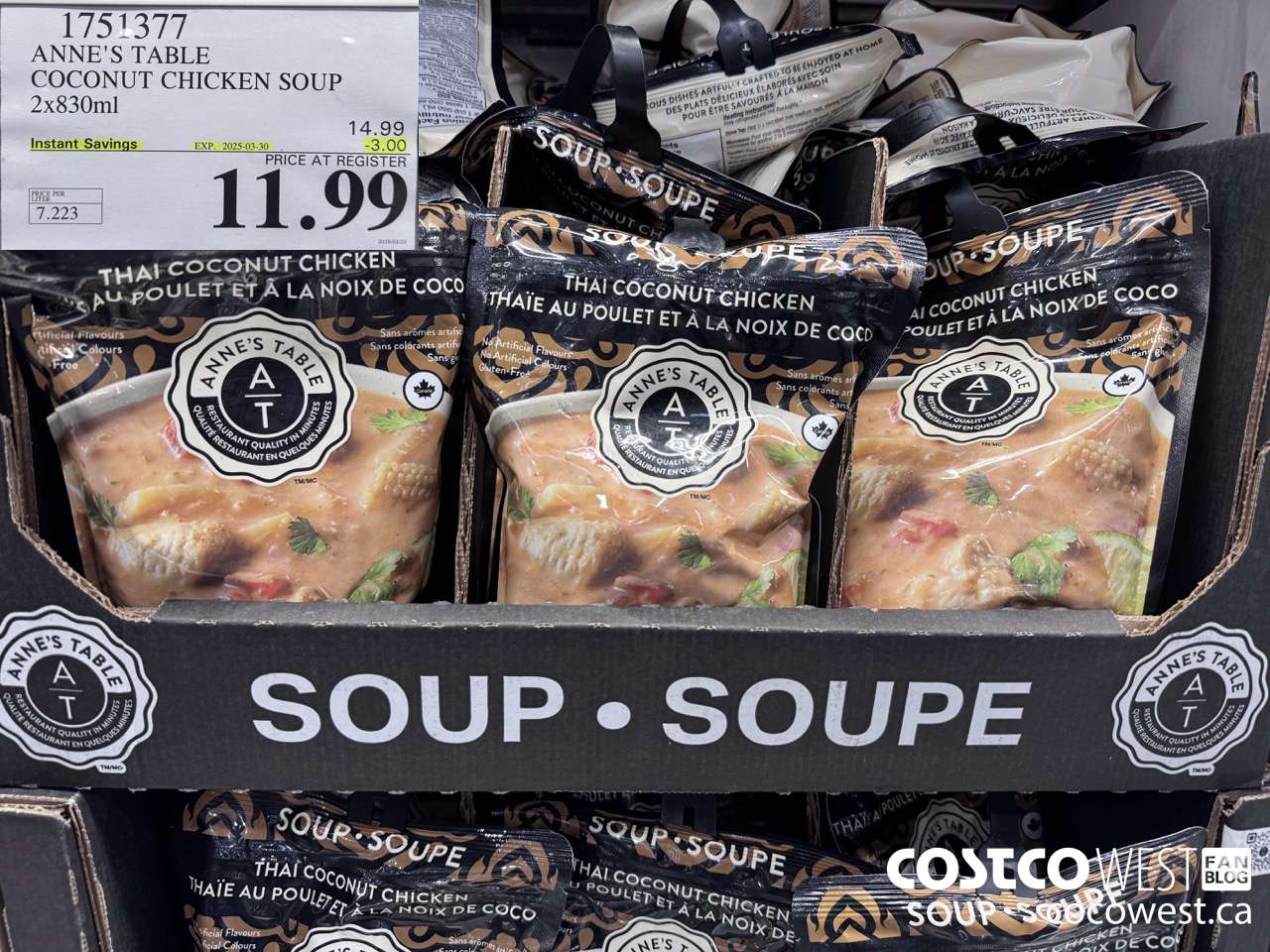 1751377 ANNE'S TABLE COCONUT CHICKEN SOUP 2X830ML ($3.00 INSTANT SAVINGS EXPIRES ON 2025-03-30) $11.99