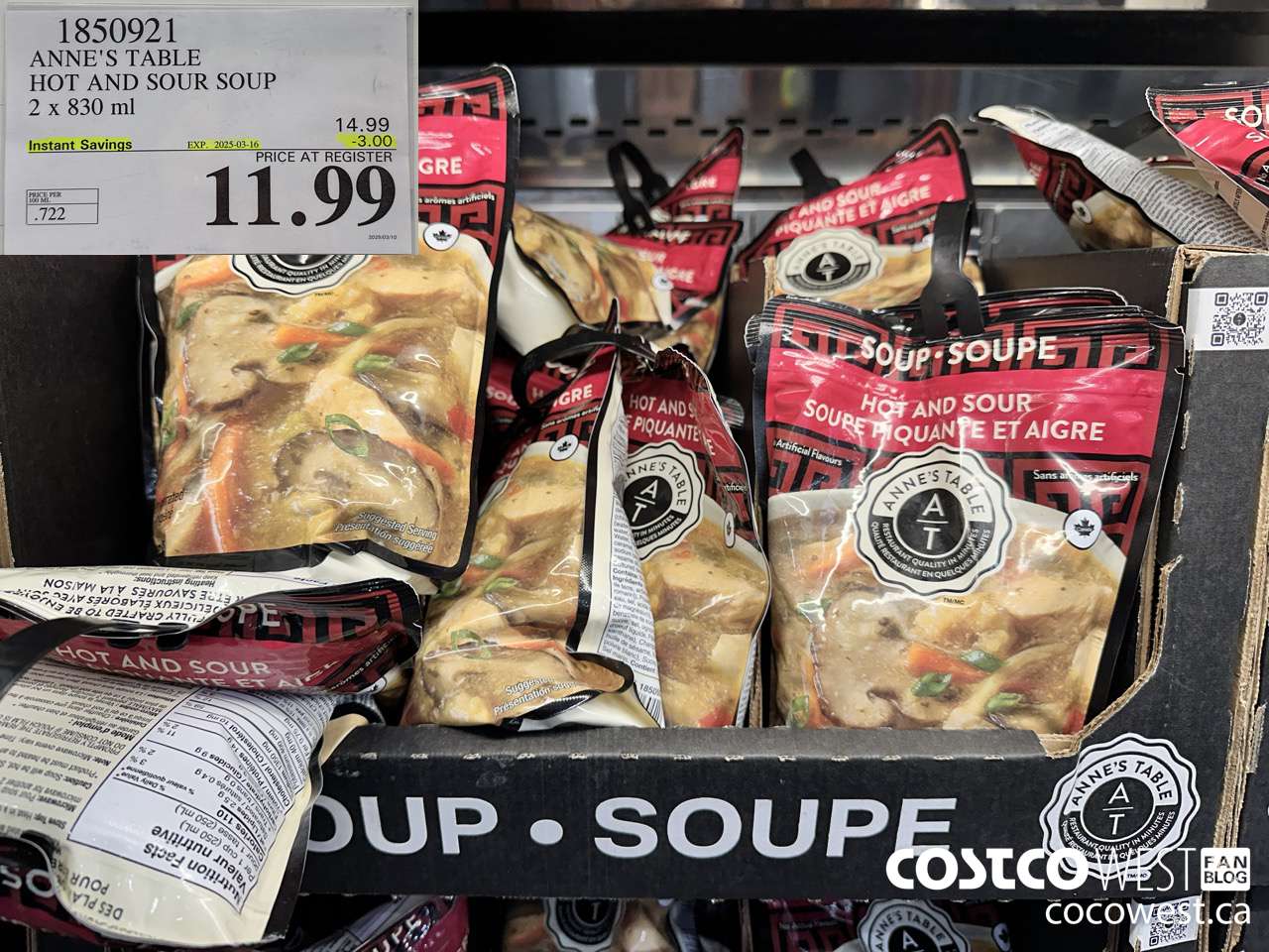 1850921 ANNE'S TABLE HOT AND SOUR SOUP 2 X 830ML ($3.00 INSTANT SAVINGS EXPIRES ON 2025-03-16) $11.99
