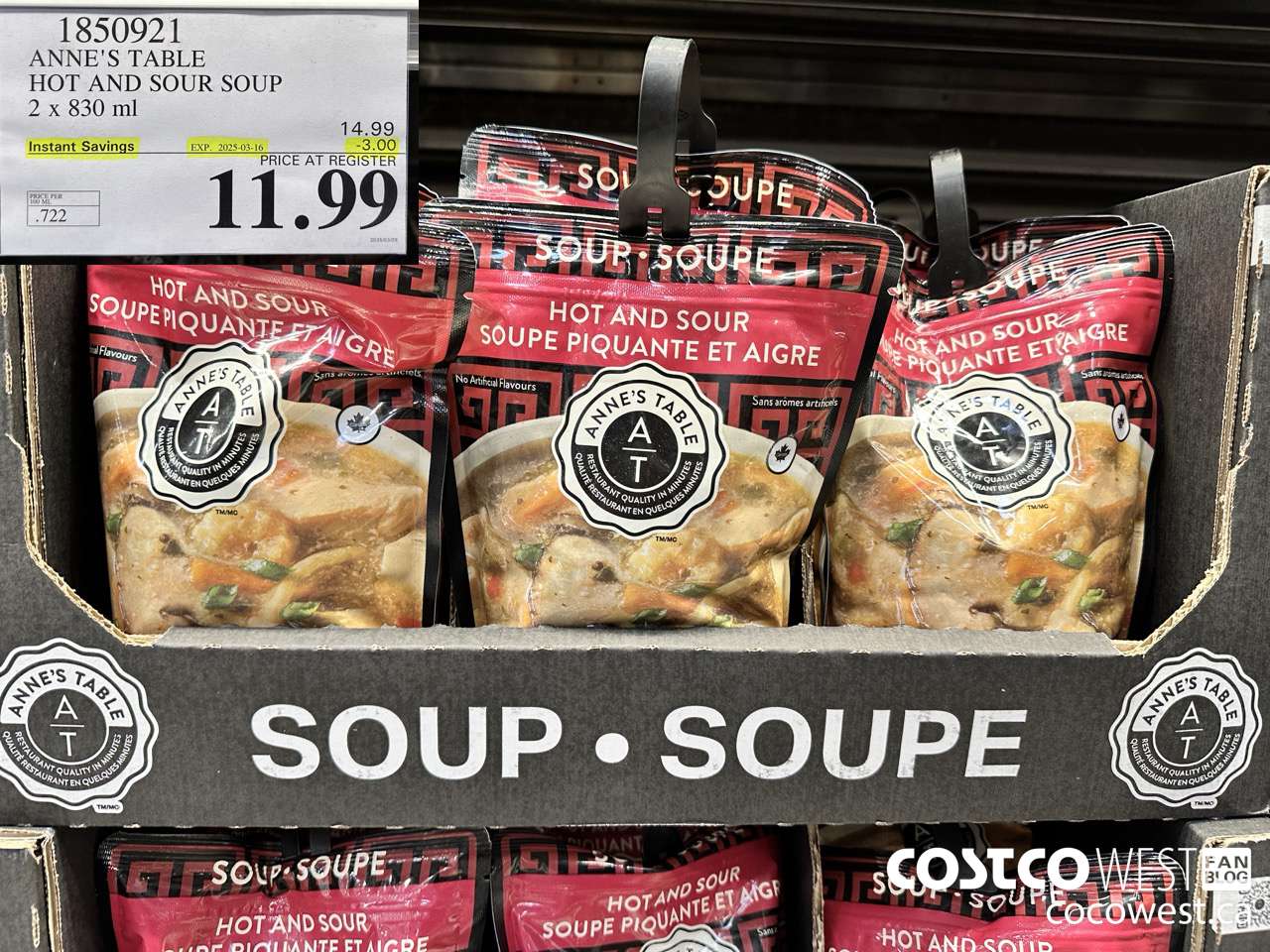 1850921 ANNE'S TABLE HOT AND SOUR SOUP 2 X 830ML ($3.00 INSTANT SAVINGS EXPIRES ON 2025-03-16) $11.99