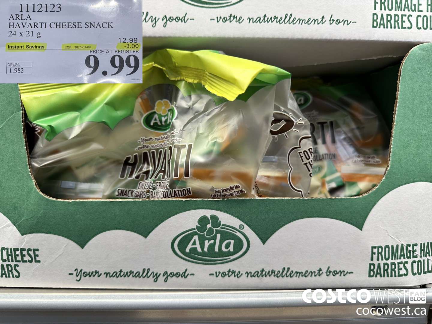 1112123 ARLA HAVARTI CHEESE SNACK 24 x 21g ($3.00 INSTANT SAVINGS EXPIRES ON 2025-03-09) $9.99