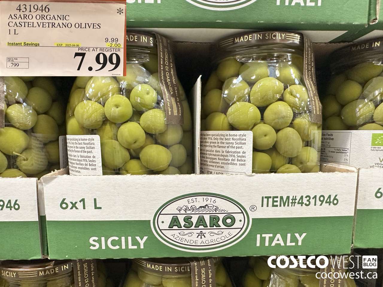 431946 ASARO CASTELVETRANO OLIVES ORGANIC 1 L ($2.00 INSTANT SAVINGS EXPIRES ON 2025-04-06) $7.99