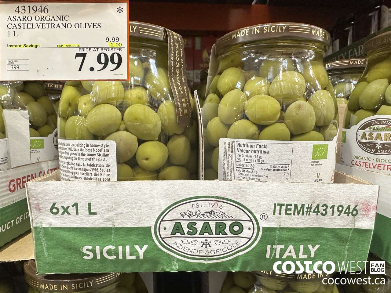 431946 ASARO CASTELVETRANO OLIVES ORGANIC 1 L ($2.00 INSTANT SAVINGS EXPIRES ON 2025-04-06) $7.99
