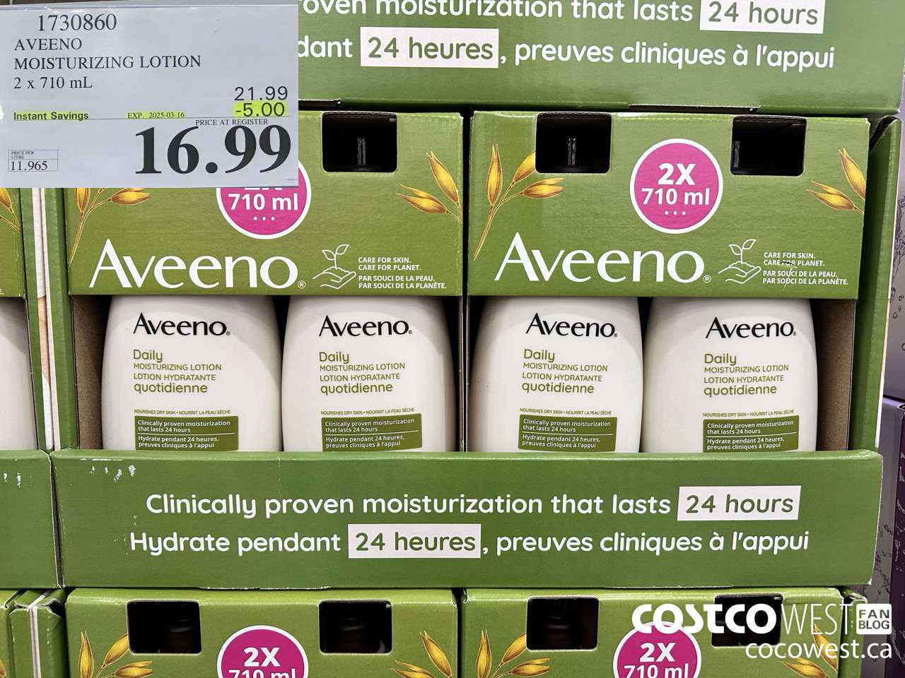 1730860 AVEENO MOISTURIZING LOTION 2 X 710ML ($5.00 INSTANT SAVINGS EXPIRES ON 2025-03-16) $16.99