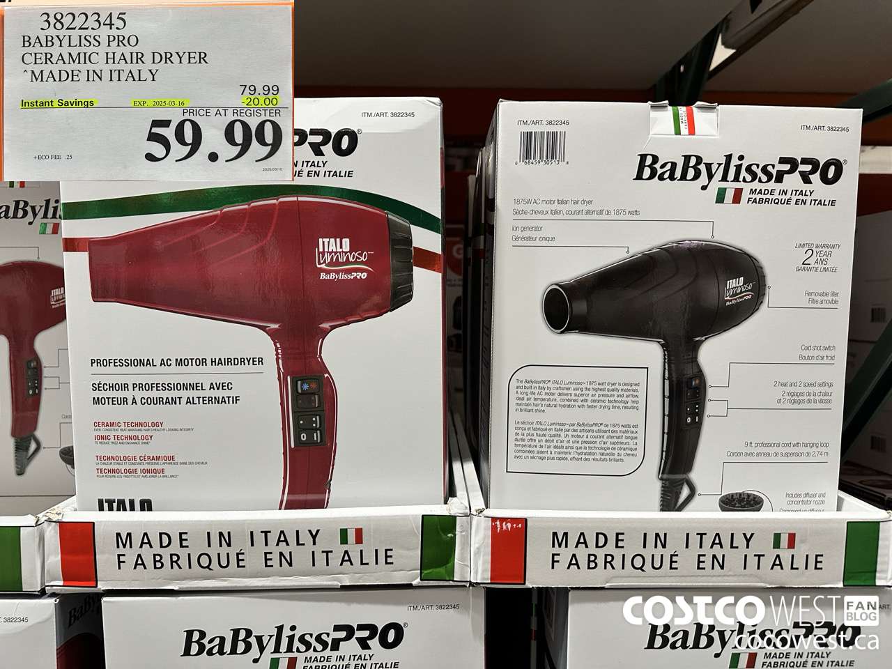 3822345 BABYLISS PRO CERAMIC HAIR DRYER MADE IN ITALY ($20.00 INSTANT SAVINGS EXPIRES ON 2025-03-16) $59.99