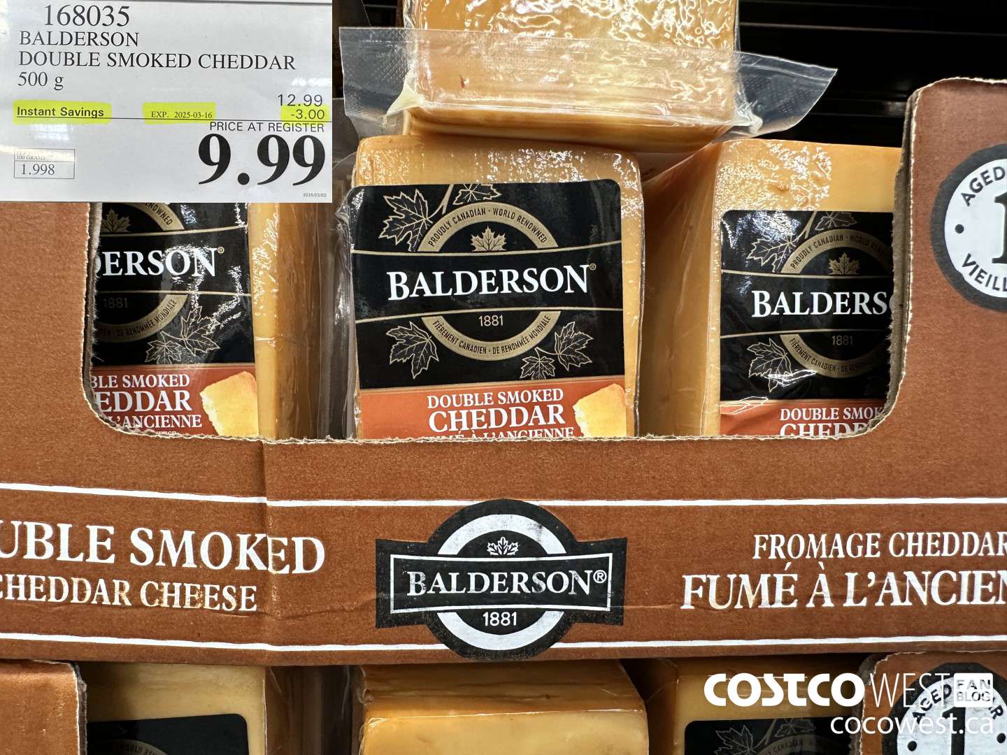168035 BALDERSON DOUBLE SMOKED CHEDDAR 500 g ($3.00 INSTANT SAVINGS EXPIRES ON 2025-03-16) $9.99