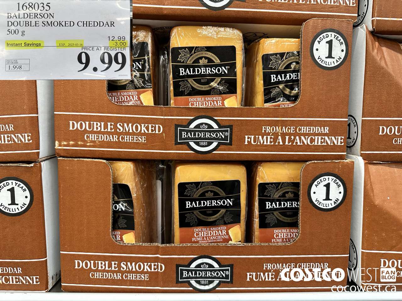 168035 BALDERSON DOUBLE SMOKED CHEDDAR 500 g ($3.00 INSTANT SAVINGS EXPIRES ON 2025-03-16) $9.99