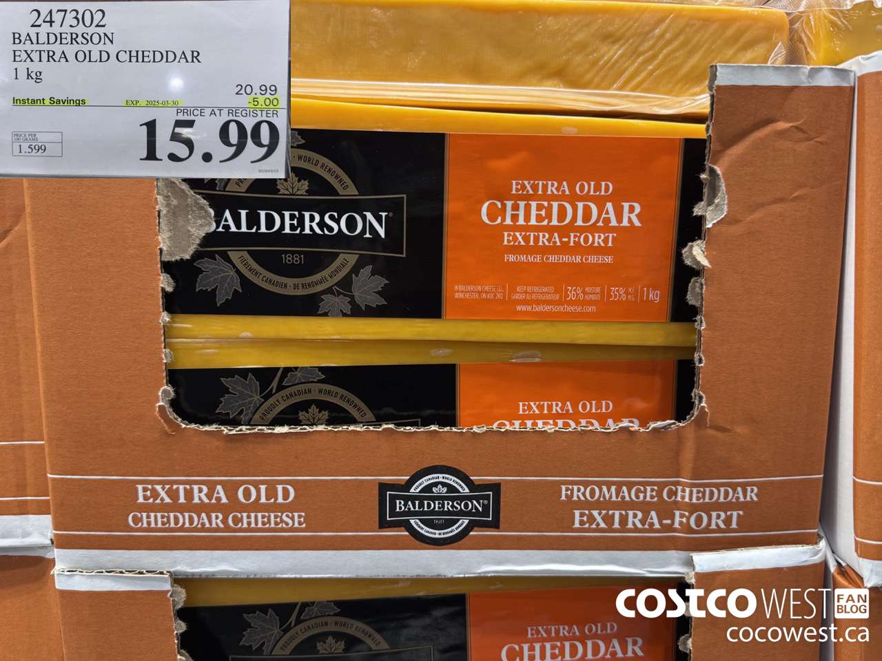 247302 BALDERSON EXTRA OLD CHEDDAR 1 kg ($5.00 INSTANT SAVINGS EXPIRES ON 2025-03-30) $15.99