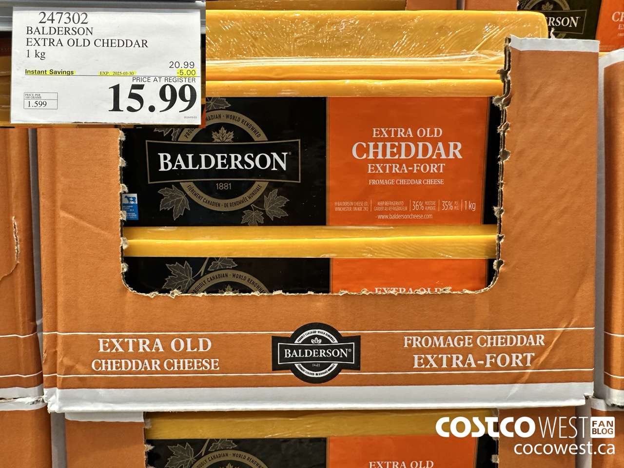 247302 BALDERSON EXTRA OLD CHEDDAR 1 kg ($5.00 INSTANT SAVINGS EXPIRES ON 2025-03-30) $15.99