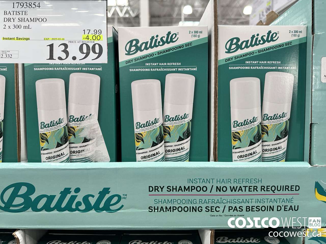 1793854 BATISTE DRY SHAMPOO 2 X 300ML ($4.00 INSTANT SAVINGS EXPIRES ON 2025-03-16) $13.99