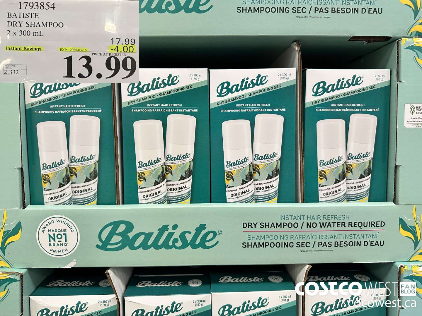 1793854 BATISTE DRY SHAMPOO 2 X 300ML ($4.00 INSTANT SAVINGS EXPIRES ON 2025-03-16) $13.99
