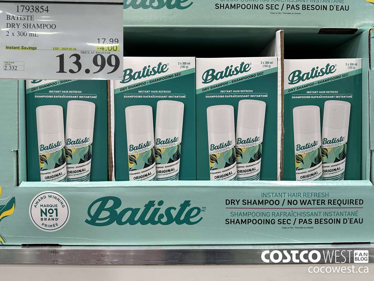 1793854 BATISTE DRY SHAMPOO 2 X 300ML ($4.00 INSTANT SAVINGS EXPIRES ON 2025-03-16) $13.99