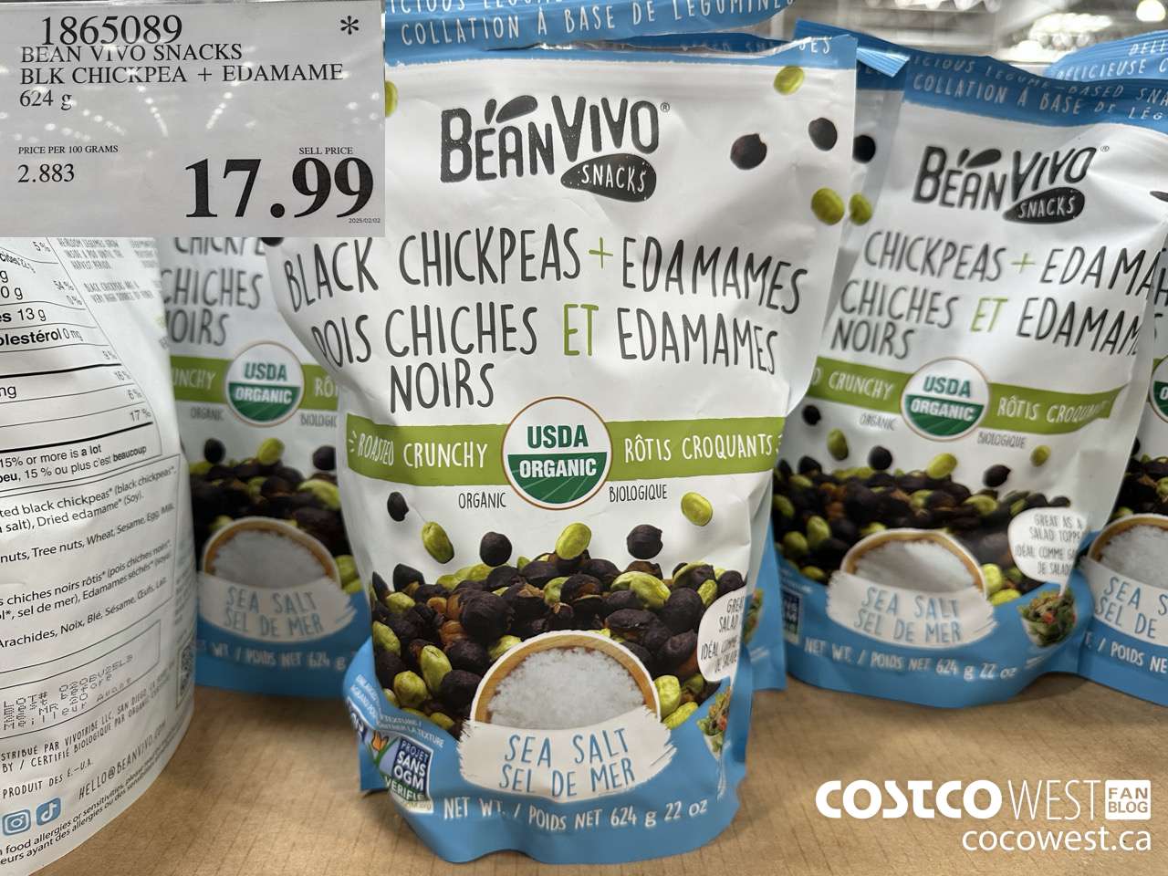 1865089 BEAN VIVO SNACKS BLK CHICKPEA + EDAMAME 624G $17.99