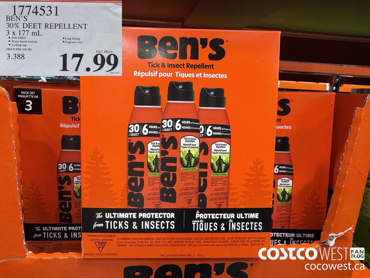1774531 BEN'S 30% DEET REPELLENT 3 x 177 mL $17.99