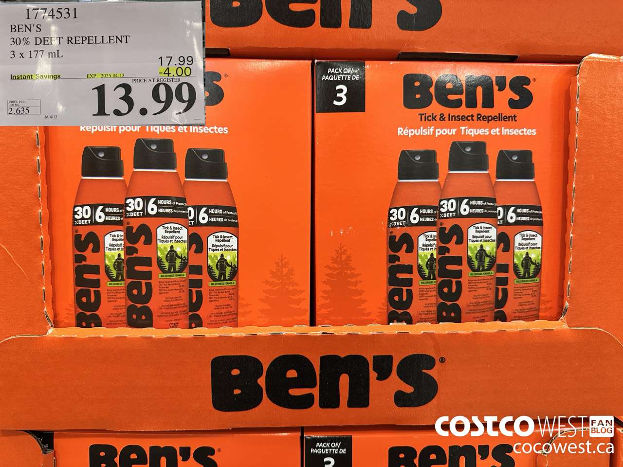 1774531 BEN'S 30% DEET REPELLENT 3 x 177 mL ($4.00 INSTANT SAVINGS EXPIRES ON 2025-04-13) $13.99