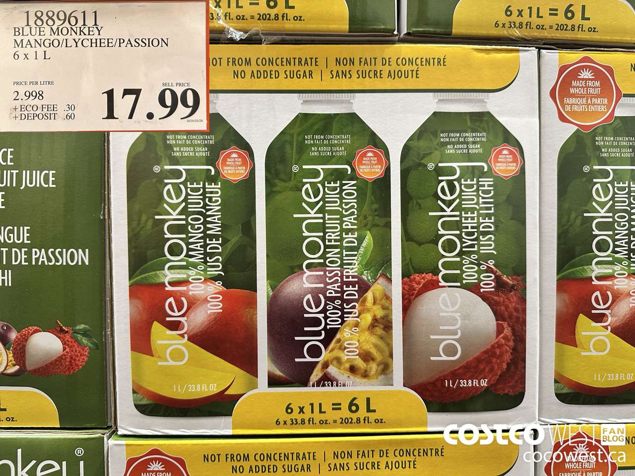 1889611 BLUE MONKEY MANGO/LYCHEE/PASSION 6 X 1L $17.99