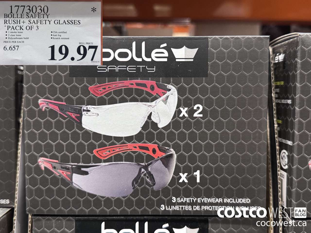 1773030 BOLLE SAFE RUSH+ SAFETY GLASSES PACK OF 3 $19.97