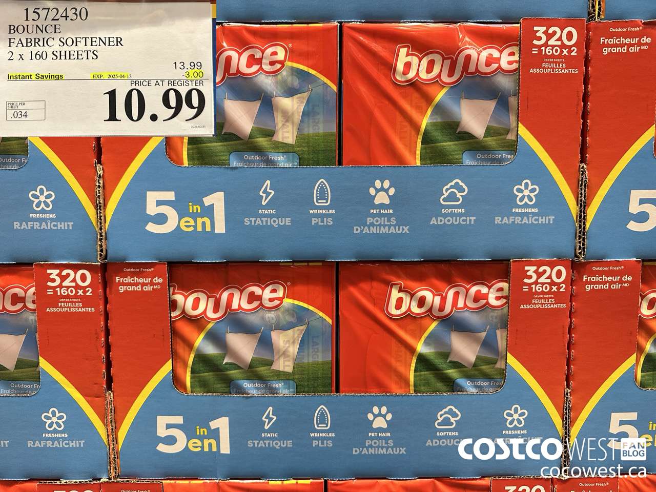 1572430 BOUNCE FABRIC SOFTENER 2 X 160 SHEETS ($3.00 INSTANT SAVINGS EXPIRES ON 2025-04-13) $10.99