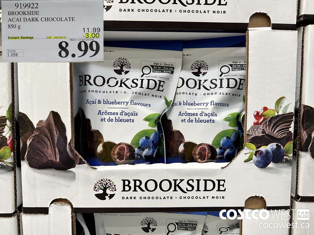 919922 BROOKSIDE ACAI DARK CHOCOLATE 850 g ($3.00 INSTANT SAVINGS EXPIRES ON 2025-03-16) $8.99