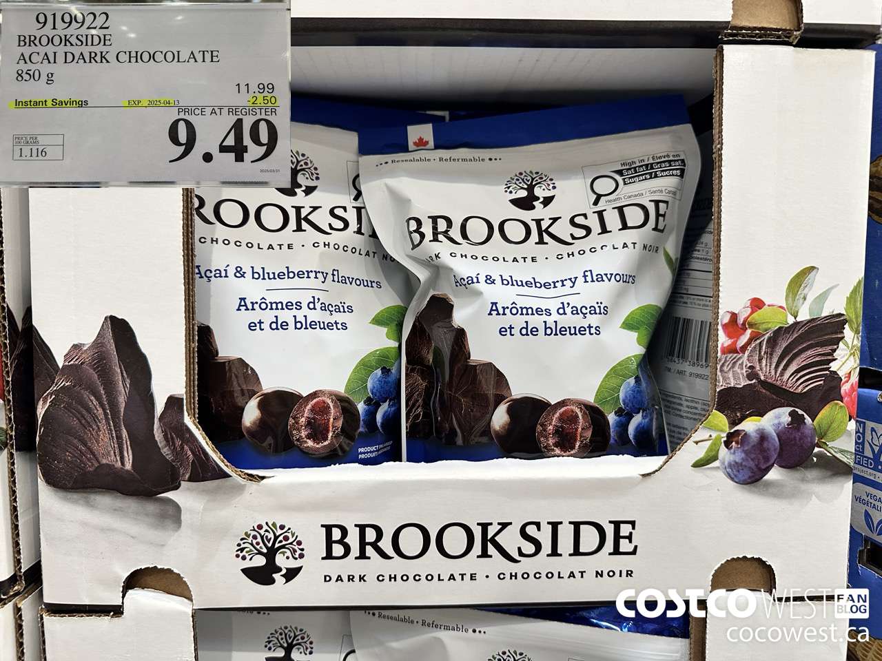 919922 BROOKSIDE ACAI DARK CHOCOLATE 850 g ($2.50 INSTANT SAVINGS EXPIRES ON 2024-04-13) $9.49