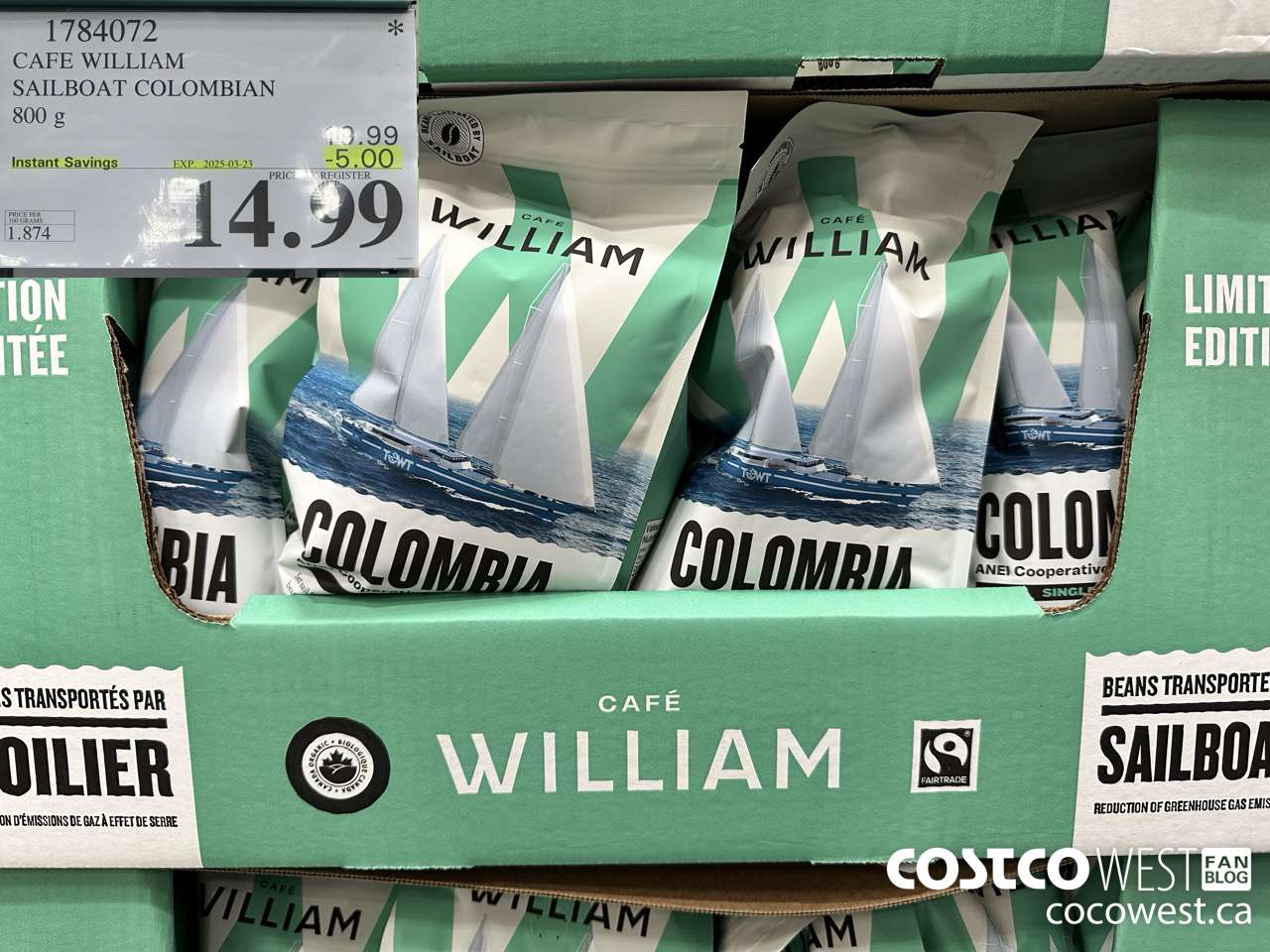 1784072 CAFE WILLIAM SAILBOAT COLOMBIAN 800G ($5.00 INSTANT SAVINGS EXPIRES ON 2025-03-23) $14.99