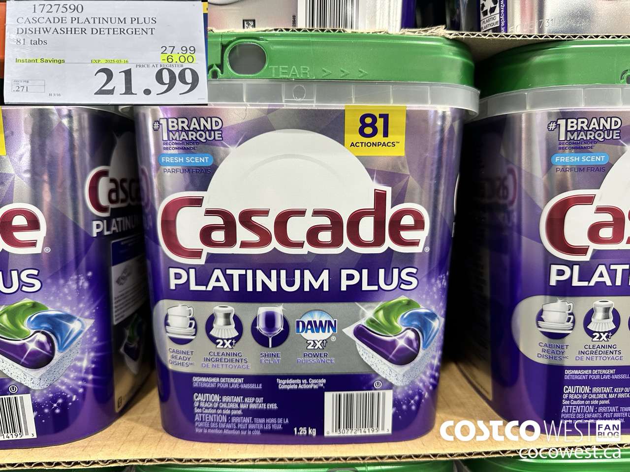 1727590 CASCADE PLATINUM PLUS DISHWASHER DETERGENT 81 TABS ($6.00 INSTANT SAVINGS EXPIRES ON 2025-03-16) $21.99