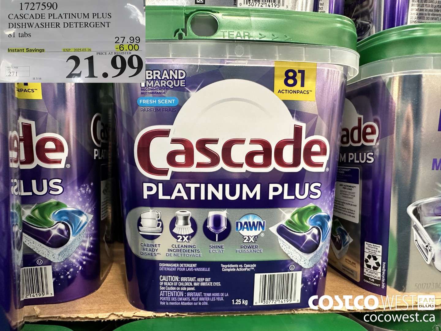 1727590 CASCADE PLATINUM PLUS DISHWASHER DETERGENT 81 TABS ($6.00 INSTANT SAVINGS EXPIRES ON 2025-03-16) $21.99