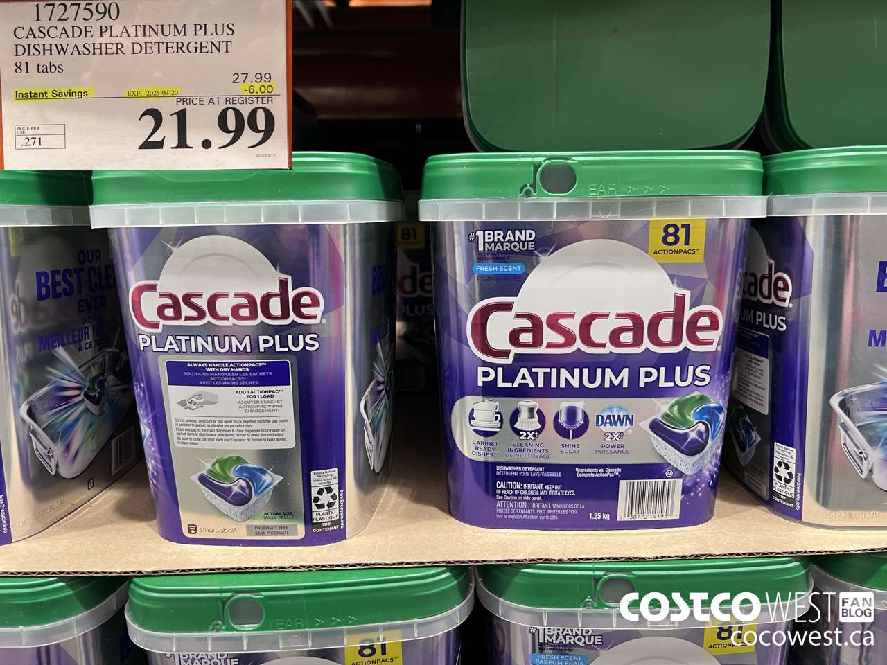 1727590 CASCADE PLATINUM PLUS DISHWASHER DETERGENT 81 TABS ($6.00 INSTANT SAVINGS EXPIRES ON 2025-03-20) $21.99