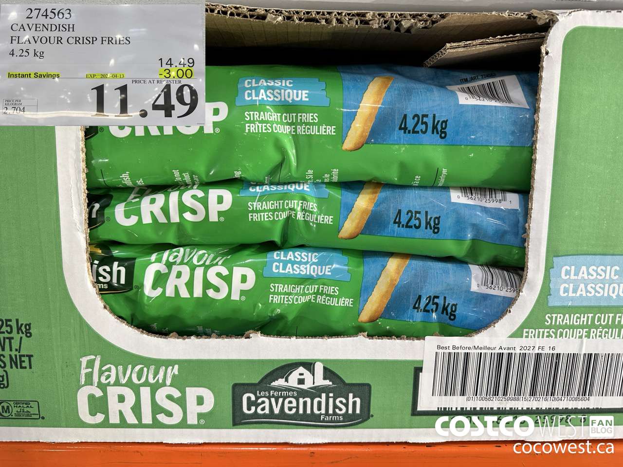 274563 CAVENDISH FLAVOUR CRISP FRIES 4.25 KG ($3.00 INSTANT SAVINGS EXPIRES ON 2025-04-13) $11.49