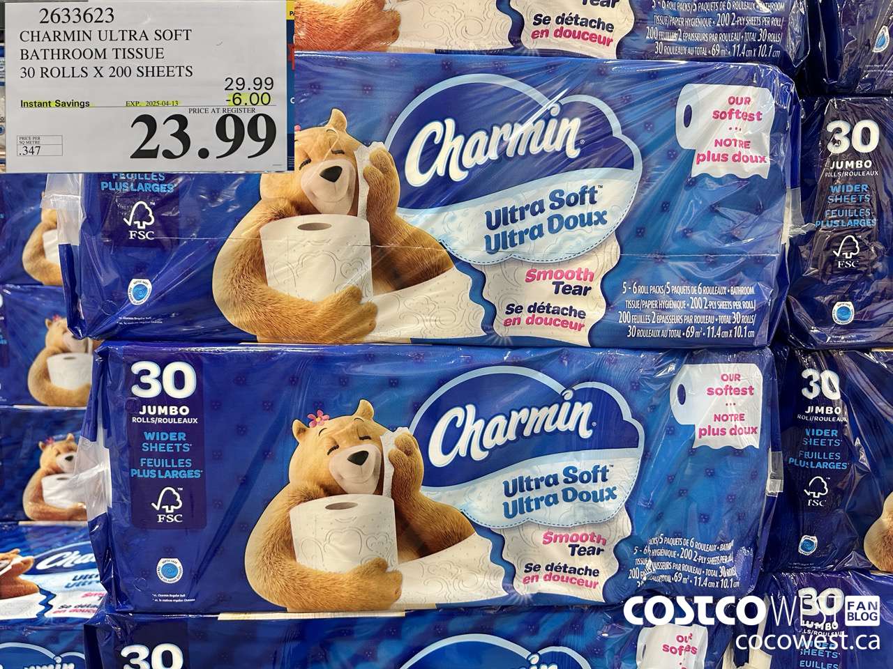2633623 CHARMIN ULTRA SOFT BATHROOM TISSUE 30 ROLLS X 200 SHEETS ($6.00 INSTANT SAVINGS EXPIRES ON 2025-04-13) $23.99