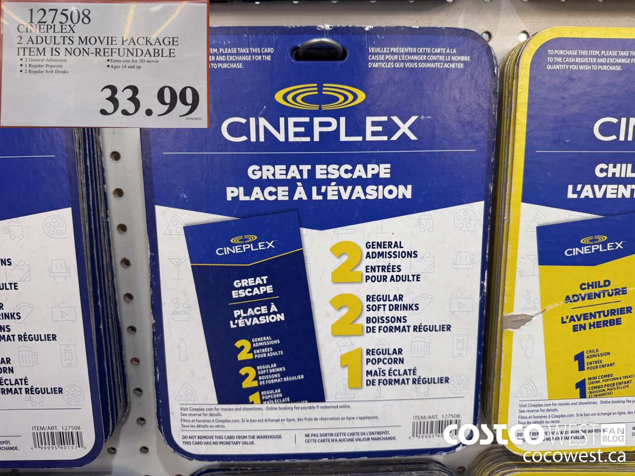 127508 CINEPLEX GREAT ESCAPE 2 ADULTS MOVIE PACKAGE $33.99