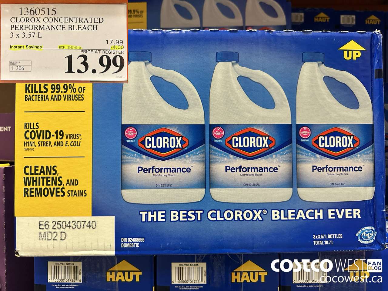 1360515 CLOROX CONCENTRATED PERFORMANCE BLEACH 3 x 3.57 L ($4.00 INSTANT SAVINGS EXPIRES ON 2025-03-16) $13.99