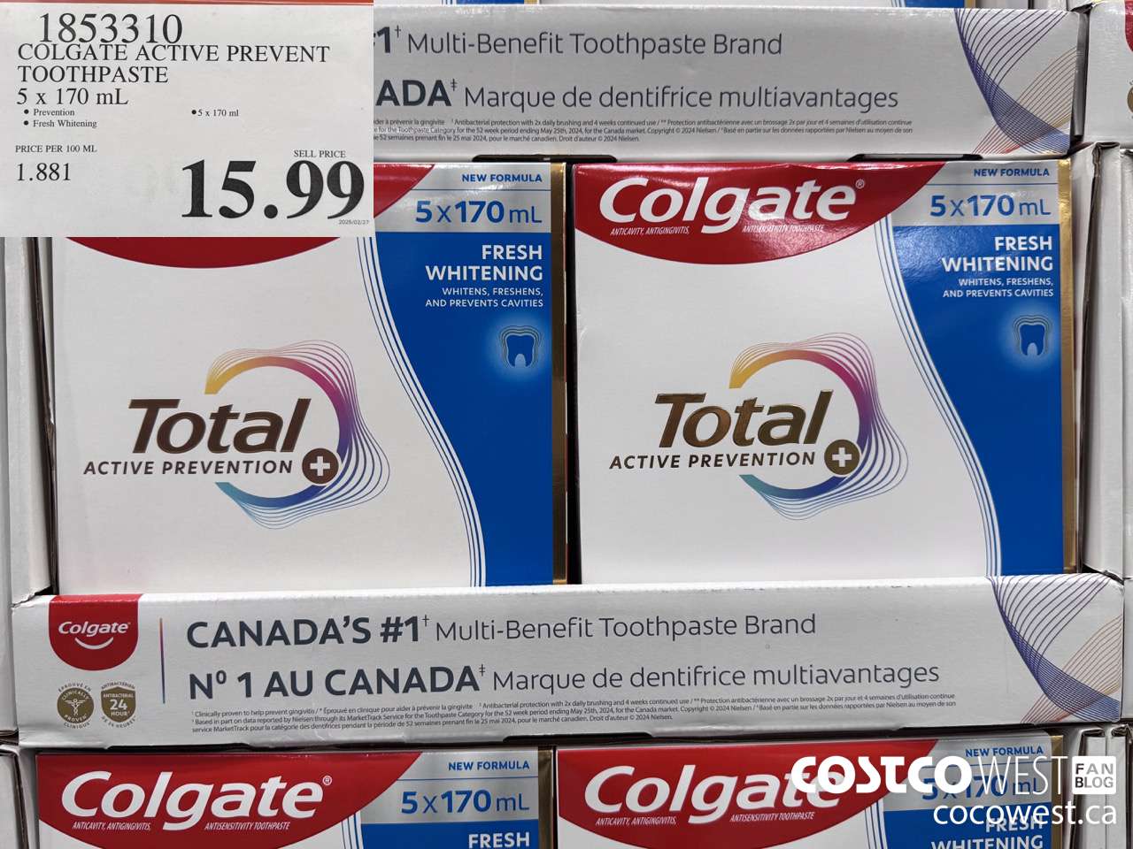 1853310 COLGATE ACTIVE PREVENT TOOTHPASTE 5 X 170ML $15.99
