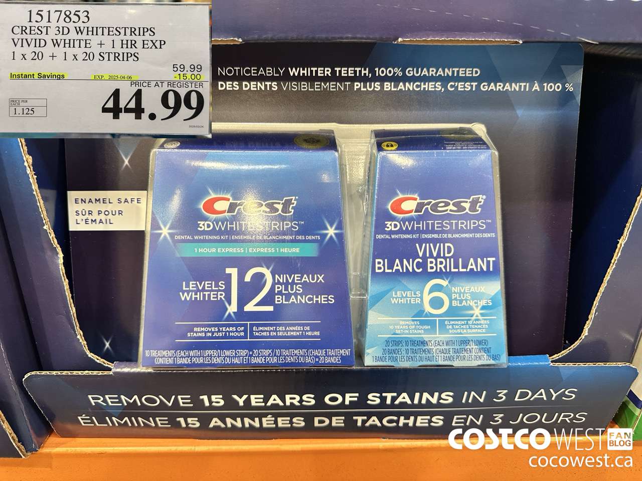 1517853 CREST 3D WHITESTRIPS VIVID WHITE + 1 HR EXP 1 x 20 + 1 x 20 STRIPS ($15.00 INSTANT SAVINGS EXPIRES ON 2025-04-06) $44.99