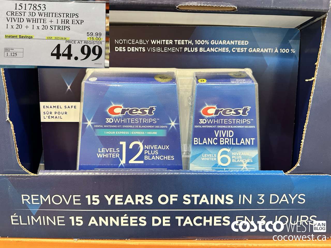 1517853 CREST 3D WHITESTRIPS VIVID WHITE + 1 HR EXP 1 x 20 + 1 x 20 STRIPS ($15.00 INSTANT SAVINGS EXPIRES ON 2025-04-06) $44.99