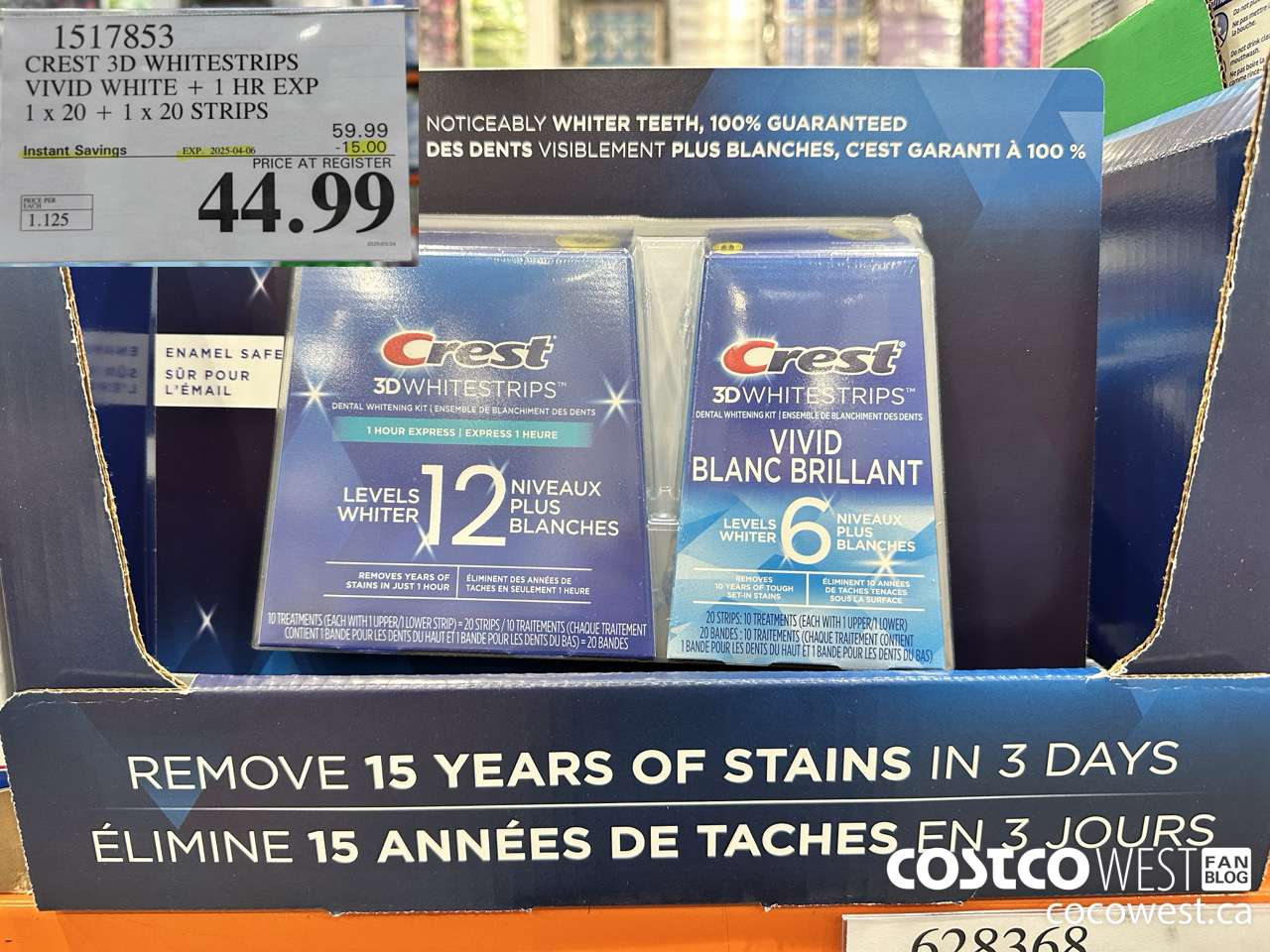 1517853 CREST 3D WHITESTRIPS VIVID WHITE + 1 HR EXP 1 x 20 + 1 x 20 STRIPS ($15.00 INSTANT SAVINGS EXPIRES ON 2025-04-06) $44.99