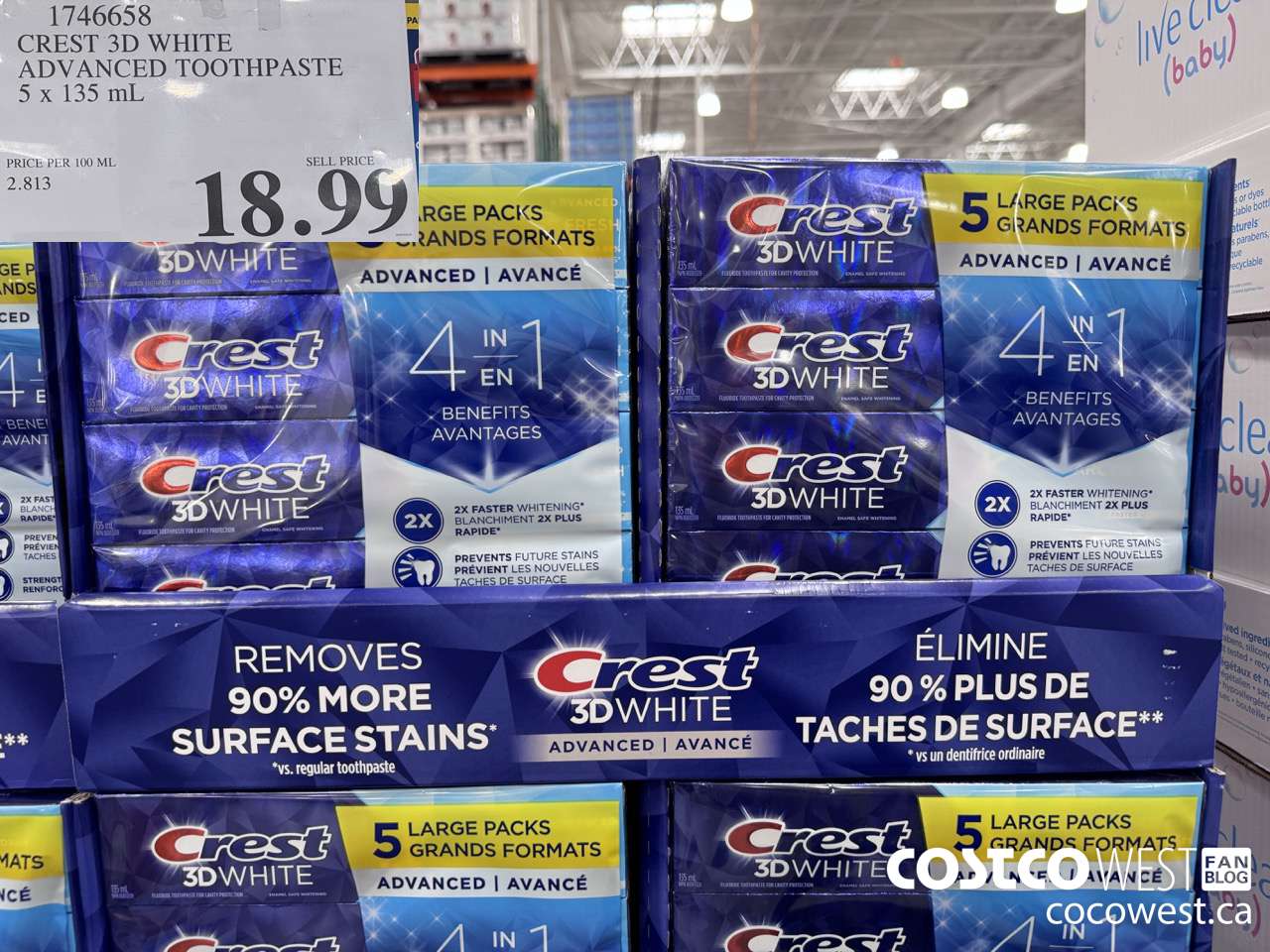 1746658 CREST 3D WHITE ADVANCED TOOTHPASTE 5 X 135ML $18.99