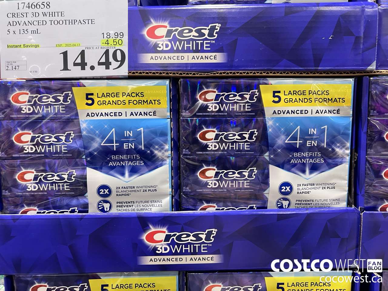 1746658 CREST 3D WHITE ADVANCED TOOTHPASTE 5 X 135ML ($4.50 INSTANT SAVINGS EXPIRES ON 2025-04-13) $14.49