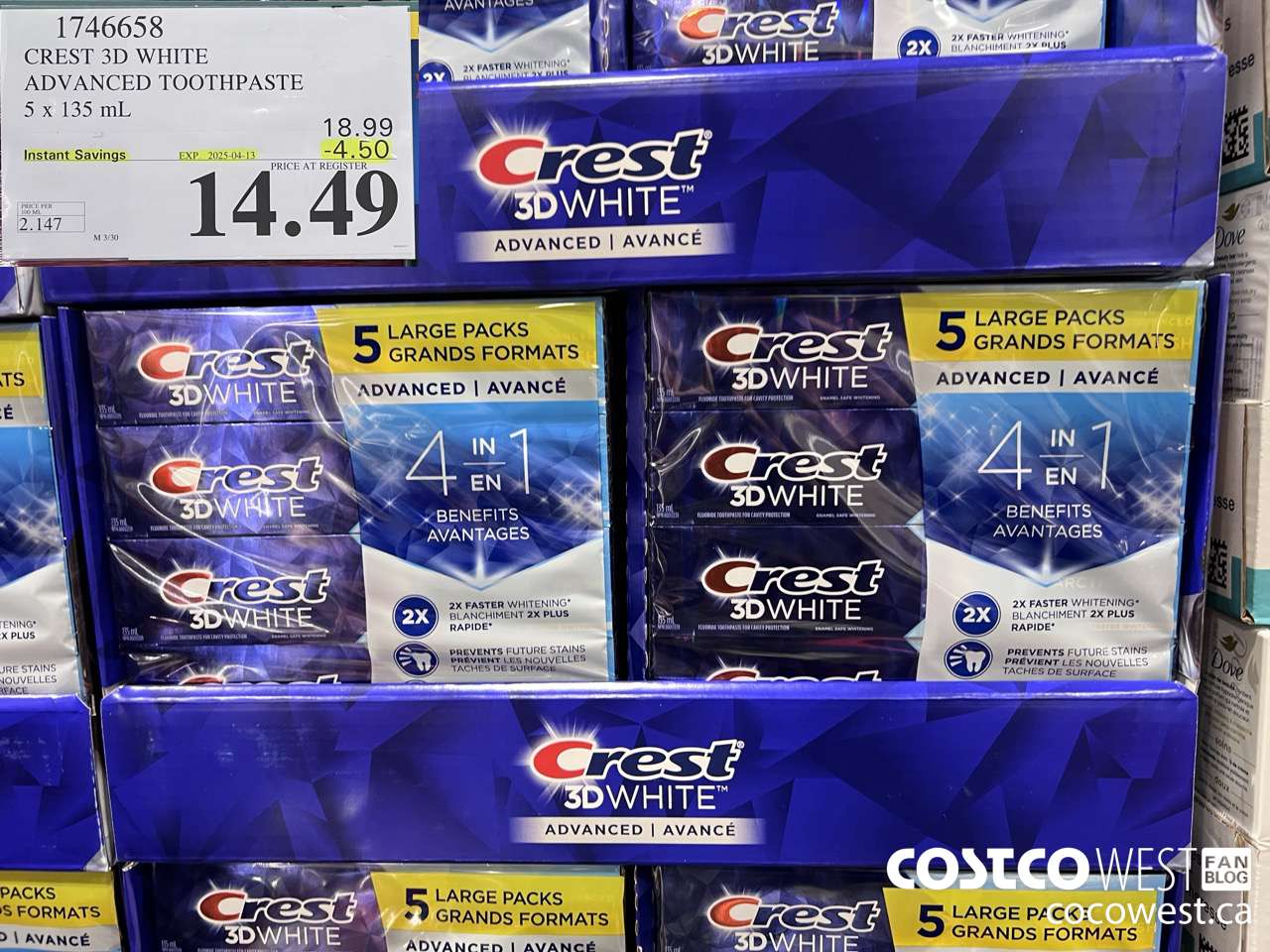1746658 CREST 3D WHITE ADVANCED TOOTHPASTE 5 X 135ML ($4.50 INSTANT SAVINGS EXPIRES ON 2025-04-13) $14.49