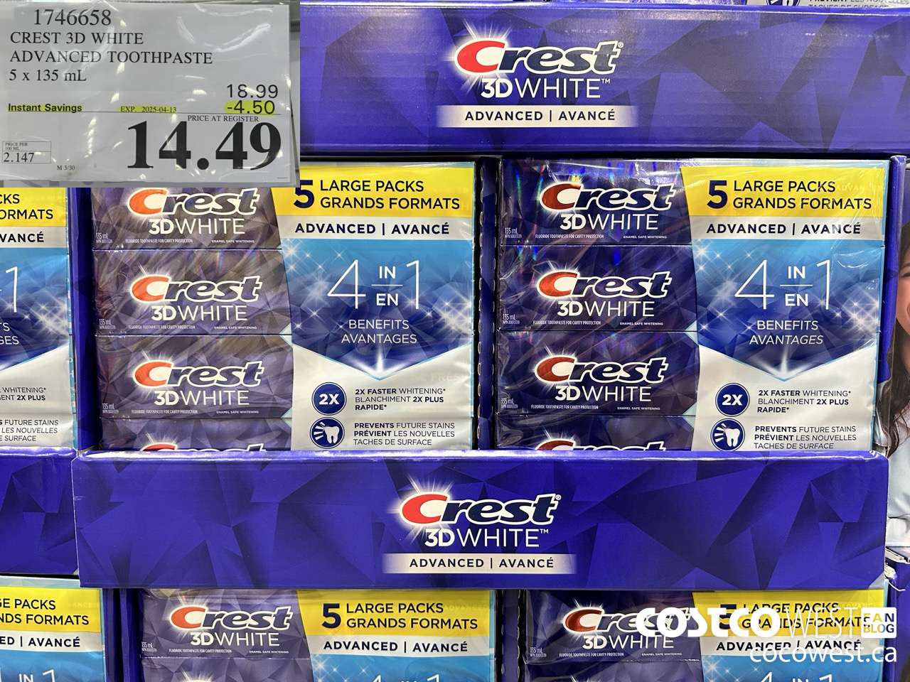 1746658 CREST 3D WHITE ADVANCED TOOTHPASTE 5 X 135ML ($4.50 INSTANT SAVINGS EXPIRES ON 2025-04-13) $14.49