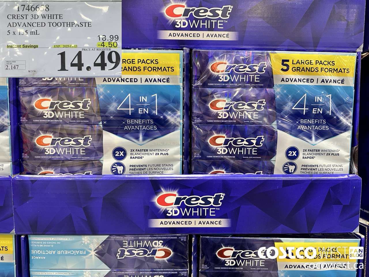 1746658 CREST 3D WHITE ADVANCED TOOTHPASTE 5 X 135ML ($4.50 INSTANT SAVINGS EXPIRES ON 2025-04-13) $14.49