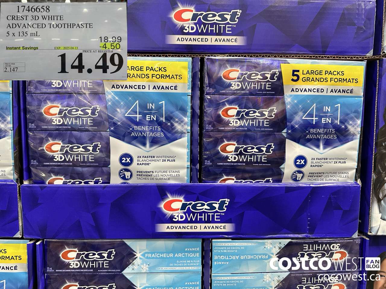 1746658 CREST 3D WHITE ADVANCED TOOTHPASTE 5 X 135ML ($4.50 INSTANT SAVINGS EXPIRES ON 2025-04-13) $14.49