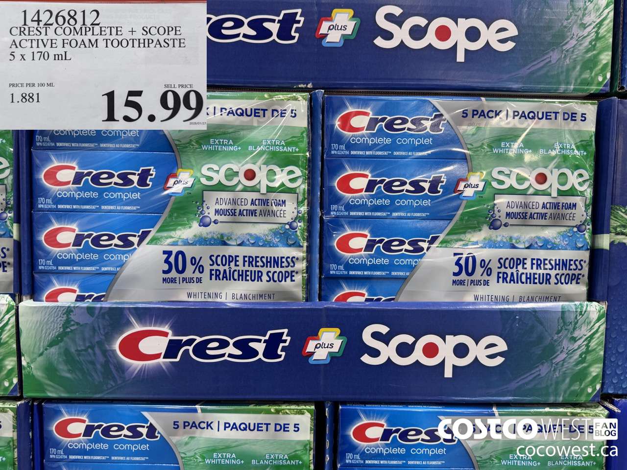 1426812 CREST COMPLETE + SCOPE ACTIVE FOAM TOOTHPASTE 5 x 170ml  $15.99