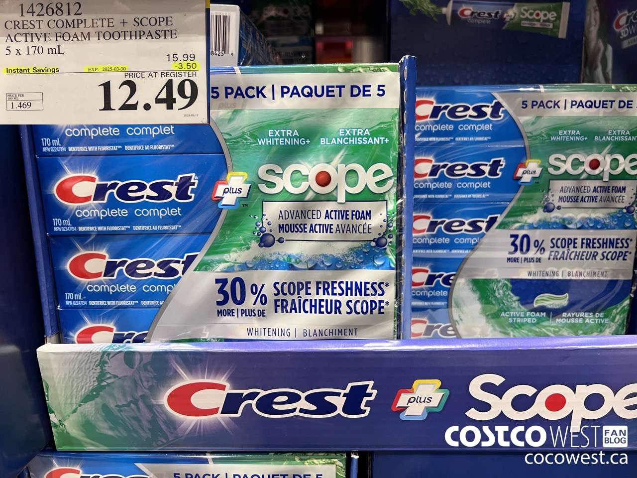1426812 CREST COMPLETE + SCOPE ACTIVE FOAM TOOTHPASTE 5 x 170ml  ($3.50 INSTANT SAVINGS EXPIRES ON 2025-03-30) $12.49