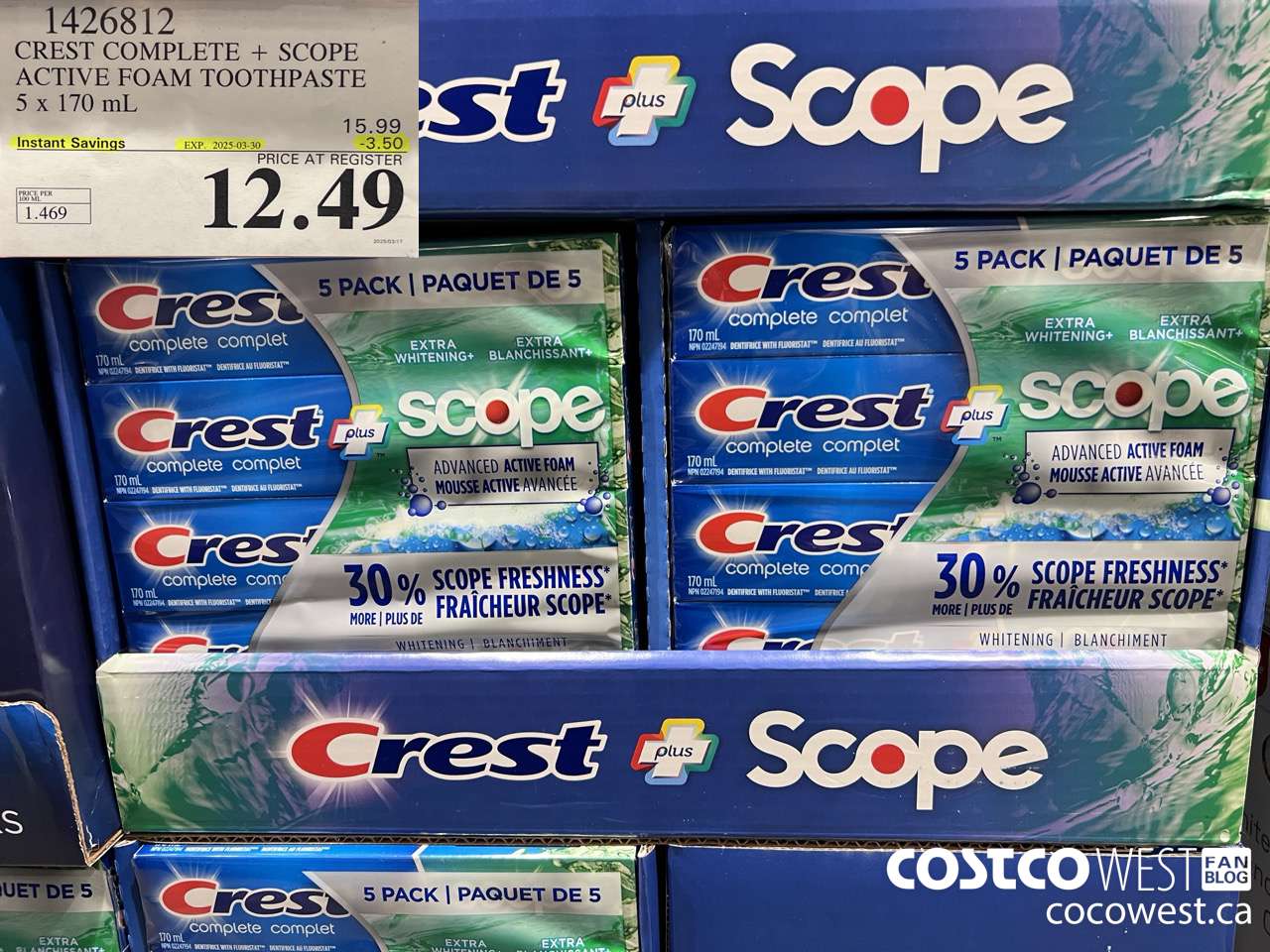 1426812 CREST COMPLETE + SCOPE ACTIVE FOAM TOOTHPASTE 5 x 170ml  ($3.50 INSTANT SAVINGS EXPIRES ON 2025-03-30) $12.49