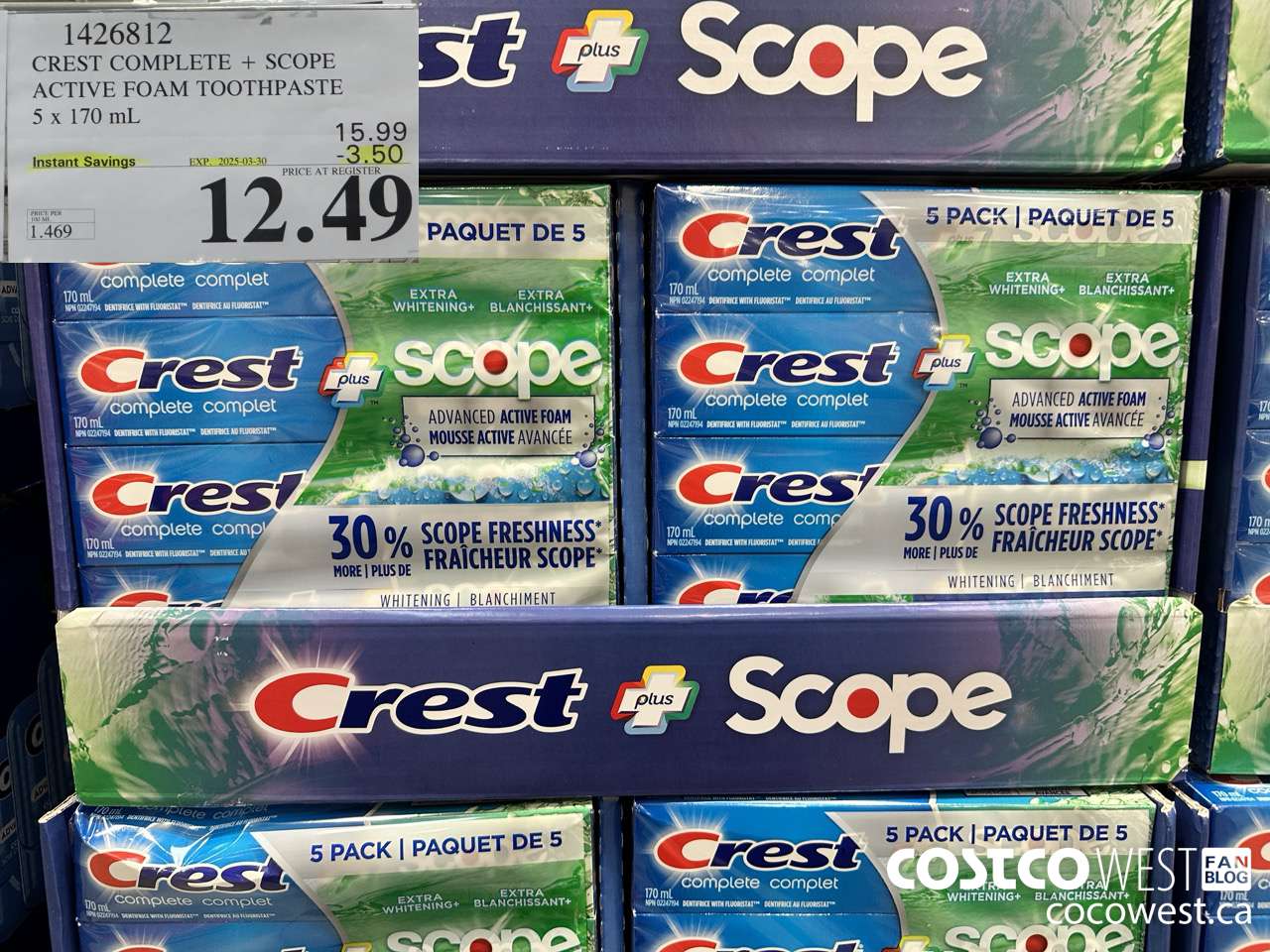 1426812 CREST COMPLETE + SCOPE ACTIVE FOAM TOOTHPASTE 5 x 170ml  ($3.50 INSTANT SAVINGS EXPIRES ON 2025-03-30) $12.49