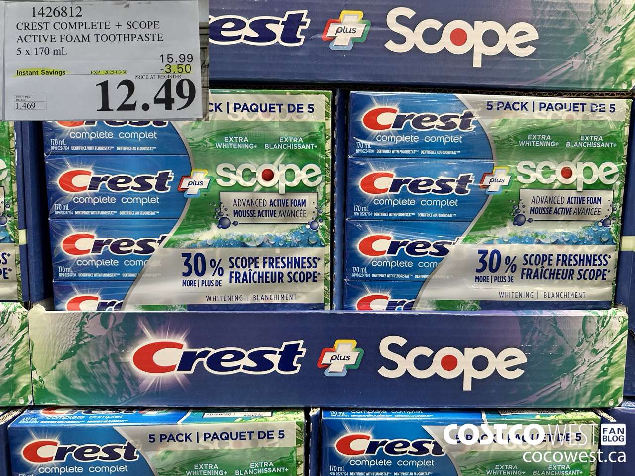 1426812 CREST COMPLETE + SCOPE ACTIVE FOAM TOOTHPASTE 5 x 170ml  ($3.50 INSTANT SAVINGS EXPIRES ON 2025-03-30) $12.49