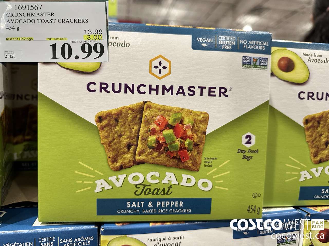 1691567 CRUNCHMASTER AVOCADO TOAST CRACKERS 454G ($3.00 INSTANT SAVINGS EXPIRES ON 2025-03-02) $10.99