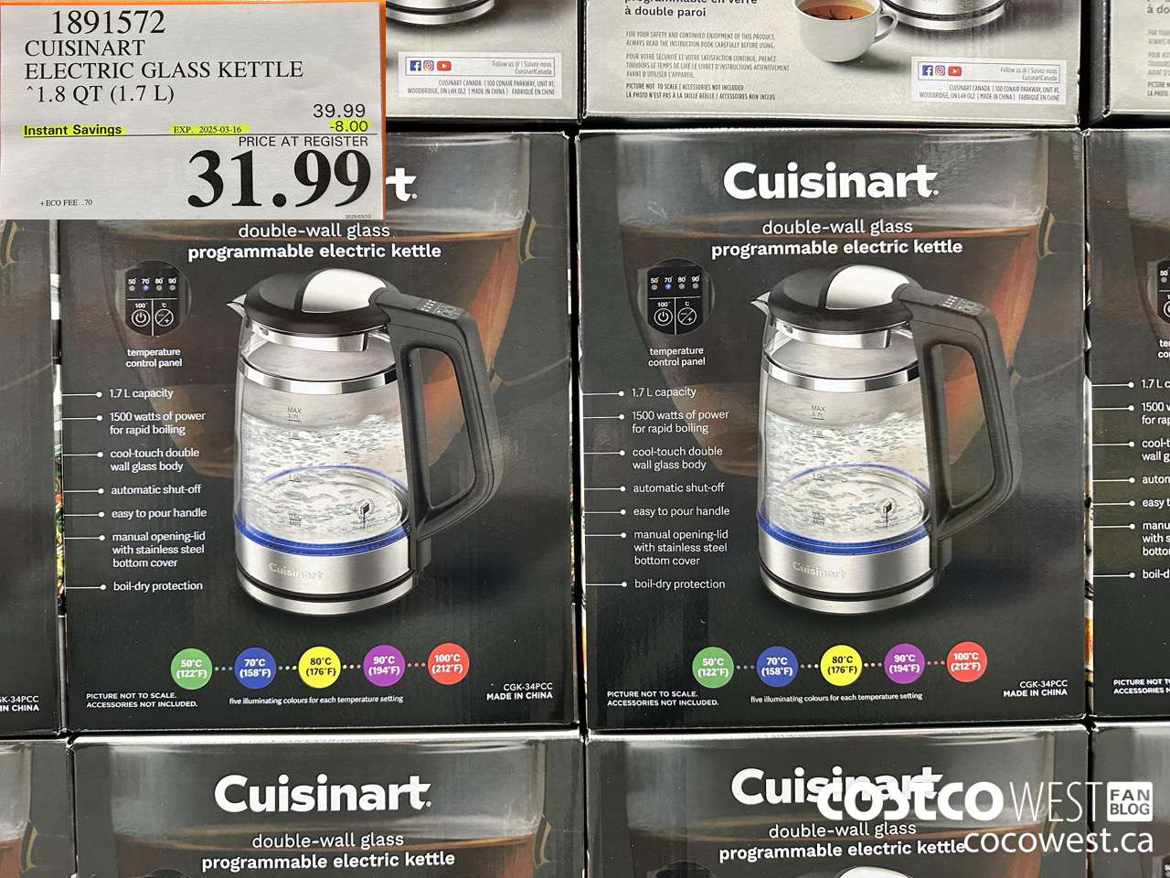 1891572 CUISINART ELECTRIC GLASS KETTLE 1.8QT (1.7L) ($8.00 INSTANT SAVINGS EXPIRES ON 2025-03-16) $31.99